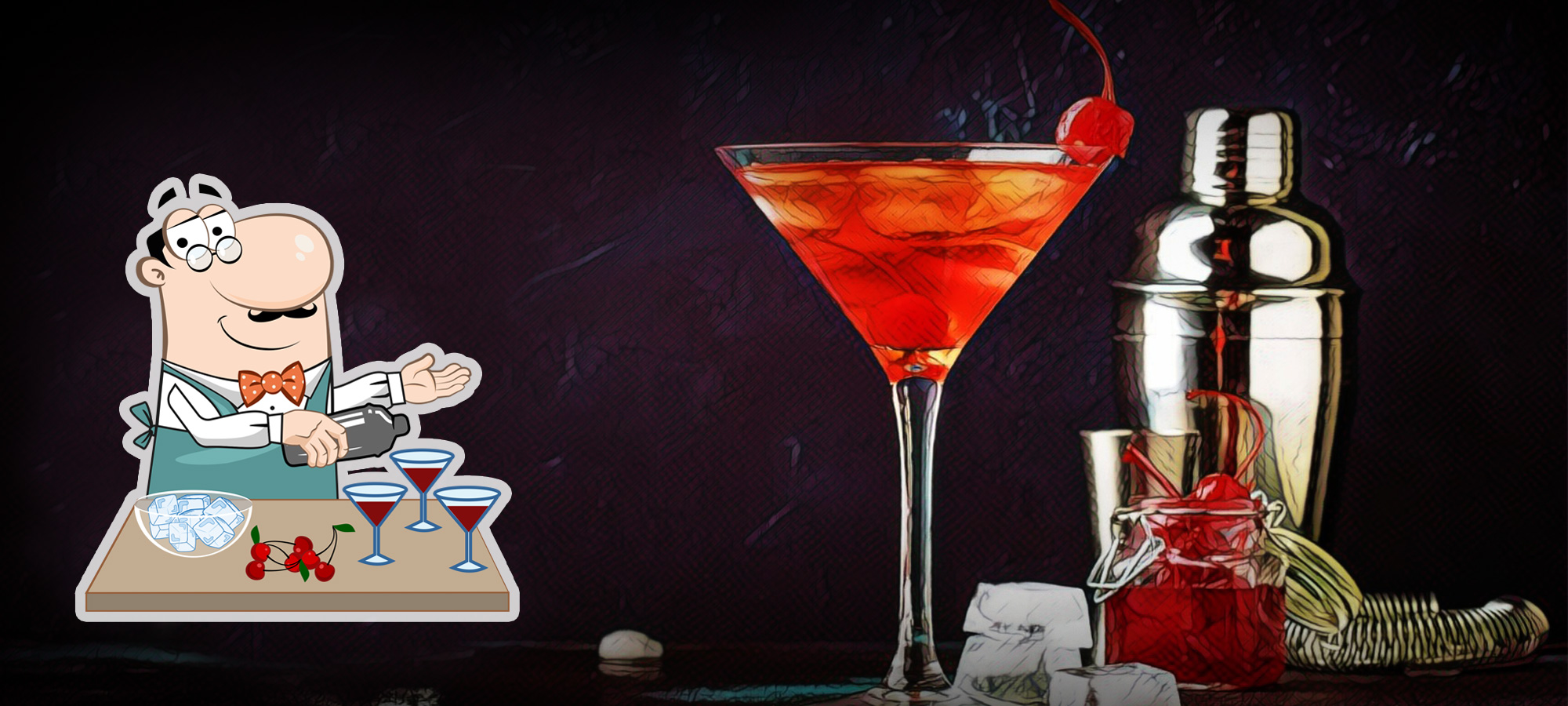 Vermouth cocktail with orange peel and maraschino cherries